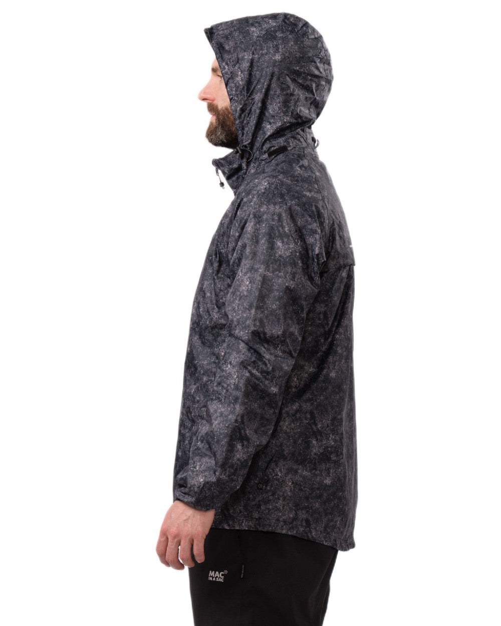 Black Etch Coloured Mac In A Sac Origin Camo Packable Waterproof Jacket on white background 