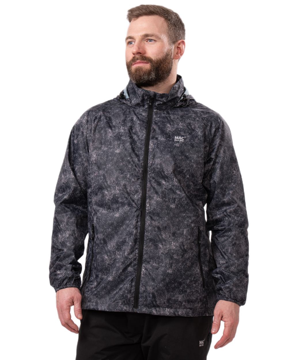 Black Etch Coloured Mac In A Sac Origin Camo Packable Waterproof Jacket on white background 