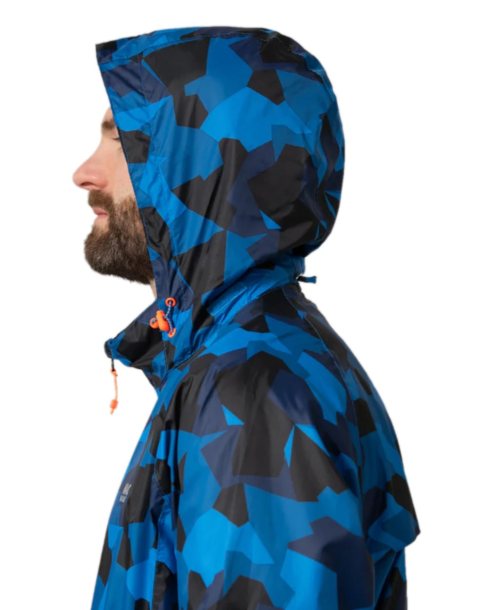 Blue Camo Coloured Mac In A Sac Origin Camo Packable Waterproof Jacket on white background 