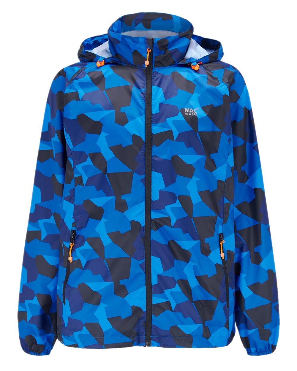 Blue Camo Coloured Mac In A Sac Origin Camo Packable Waterproof Jacket on white background 
