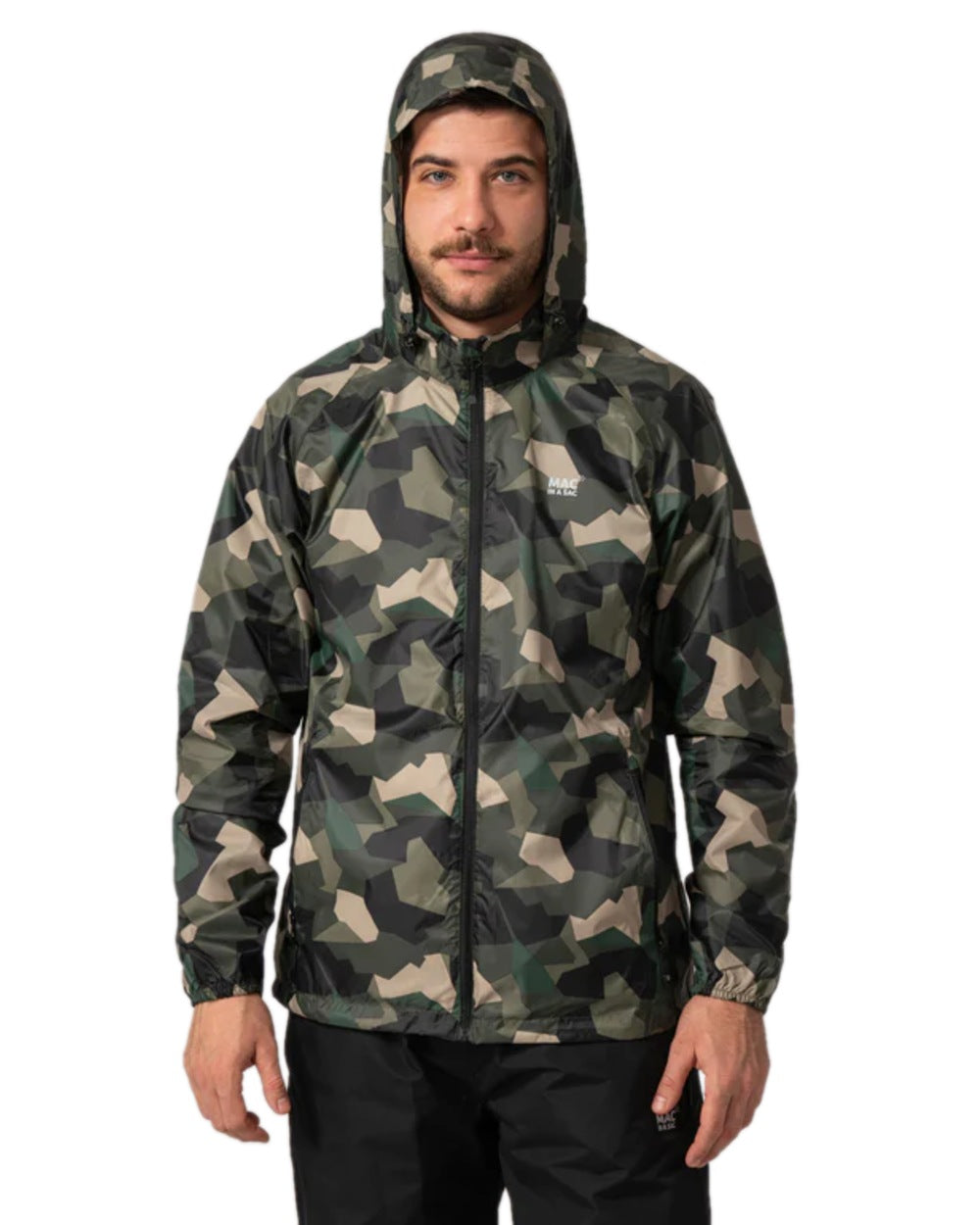 Green Camo Coloured Mac In A Sac Origin Camo Packable Waterproof Jacket on white background 