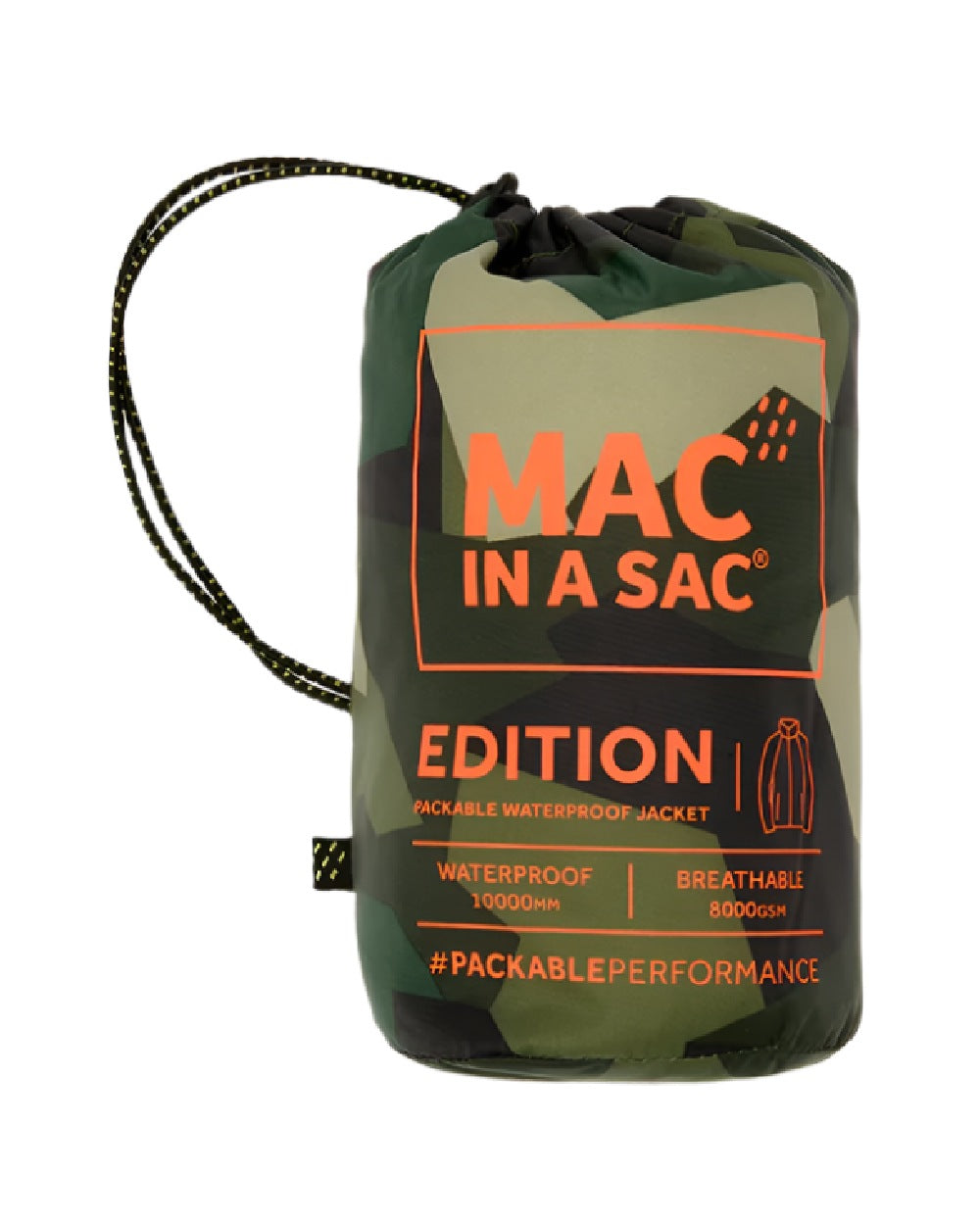 Green Camo Coloured Mac In A Sac Origin Camo Packable Waterproof Jacket on white background 