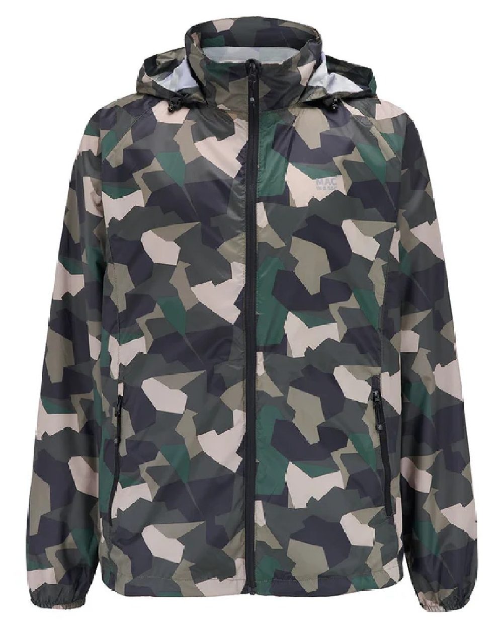 Green Camo Coloured Mac In A Sac Origin Camo Packable Waterproof Jacket on white background 