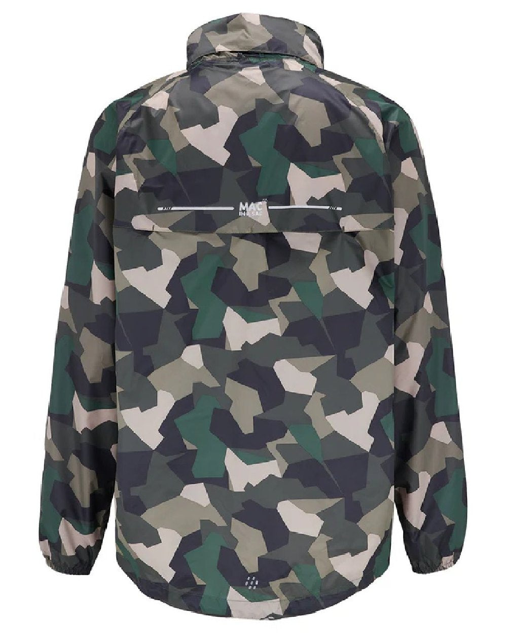 Green Camo Coloured Mac In A Sac Origin Camo Packable Waterproof Jacket on white background 