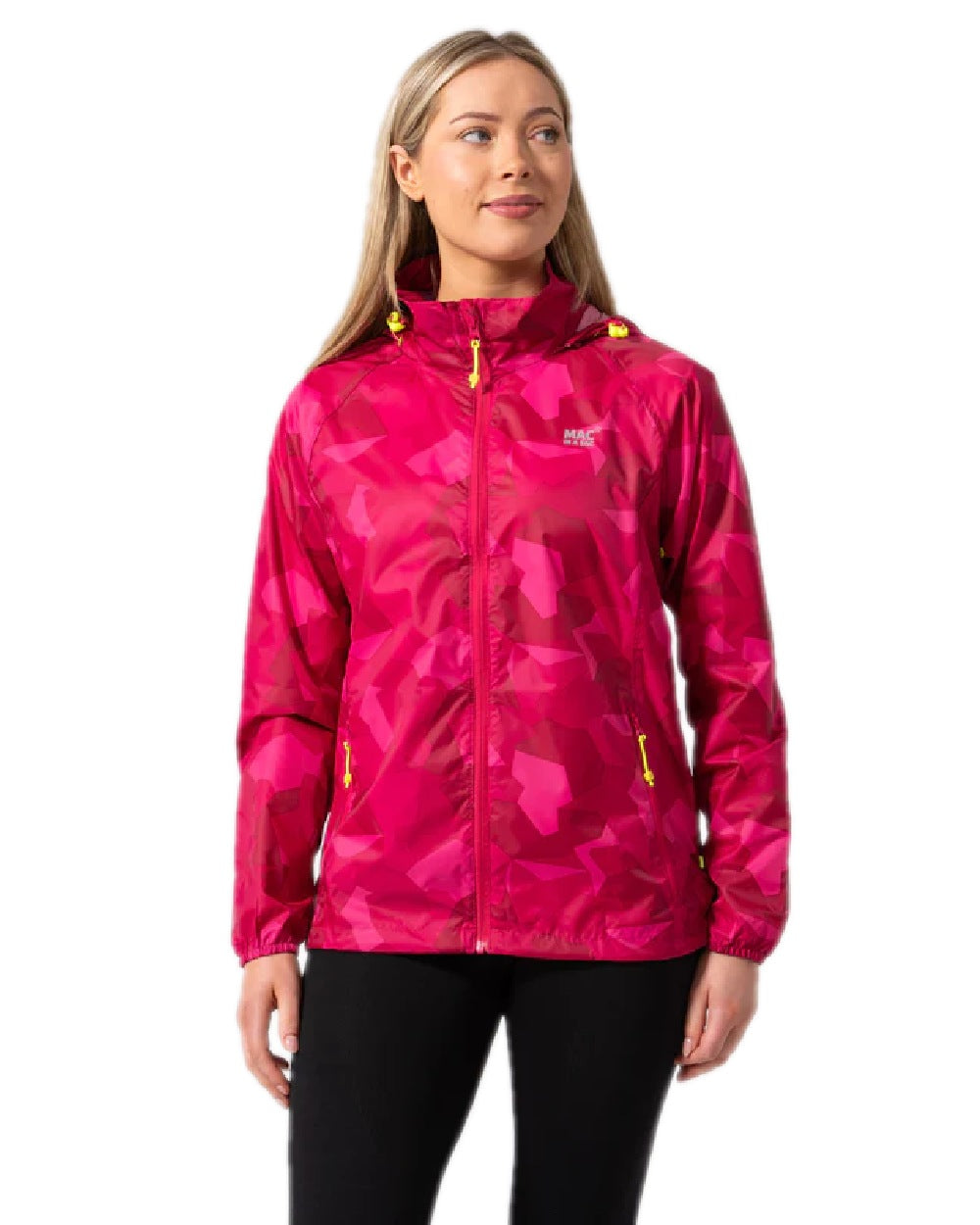 Pink Camo Coloured Mac In A Sac Origin Camo Packable Waterproof Jacket on white background 