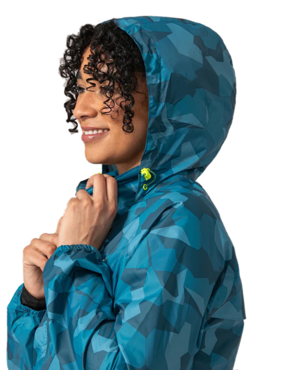Teal Camo Coloured Mac In A Sac Origin Camo Packable Waterproof Jacket on white background 