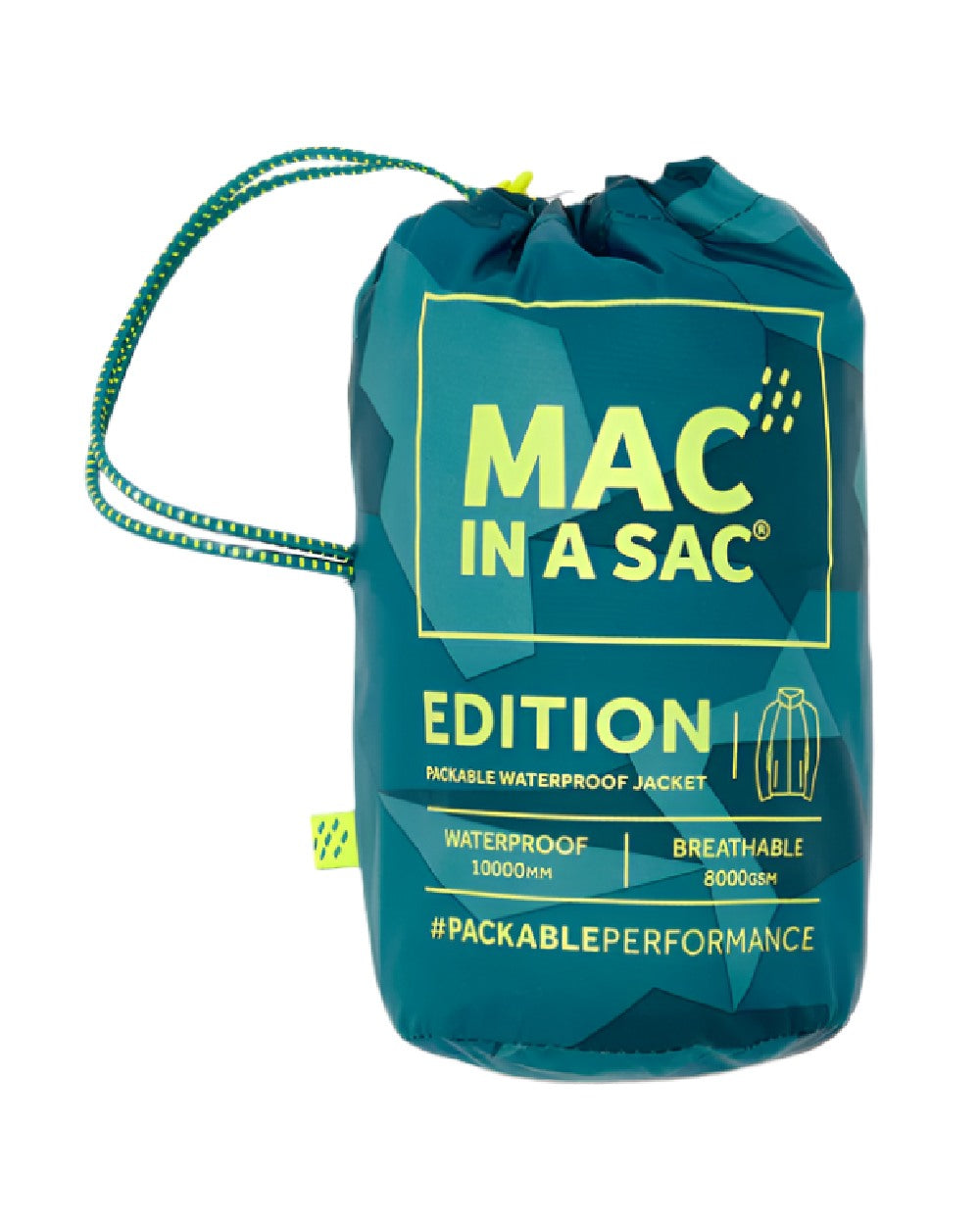 Teal Camo Coloured Mac In A Sac Origin Camo Packable Waterproof Jacket on white background 