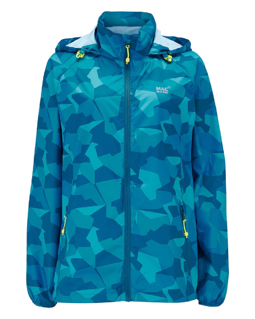 Teal Camo Coloured Mac In A Sac Origin Camo Packable Waterproof Jacket on white background 