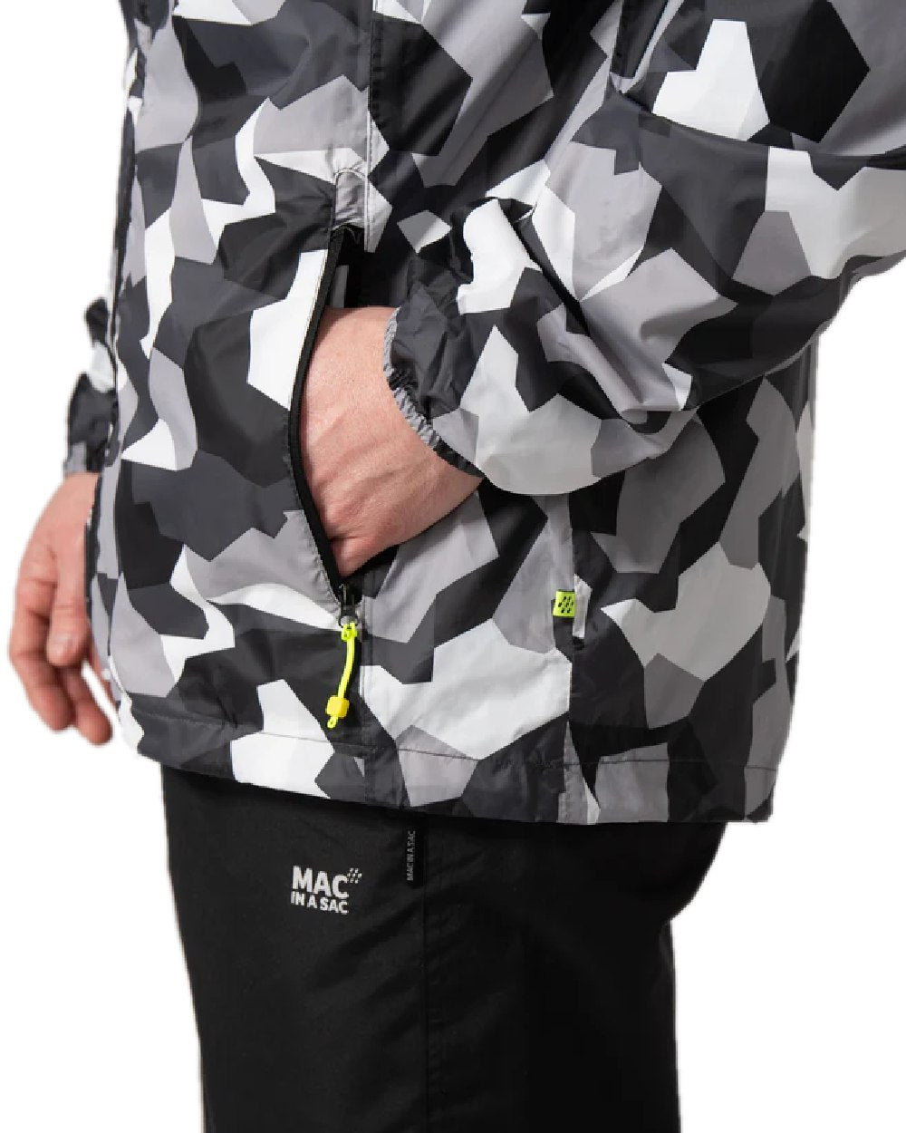White Camo Coloured Mac In A Sac Origin Camo Packable Waterproof Jacket on white background 