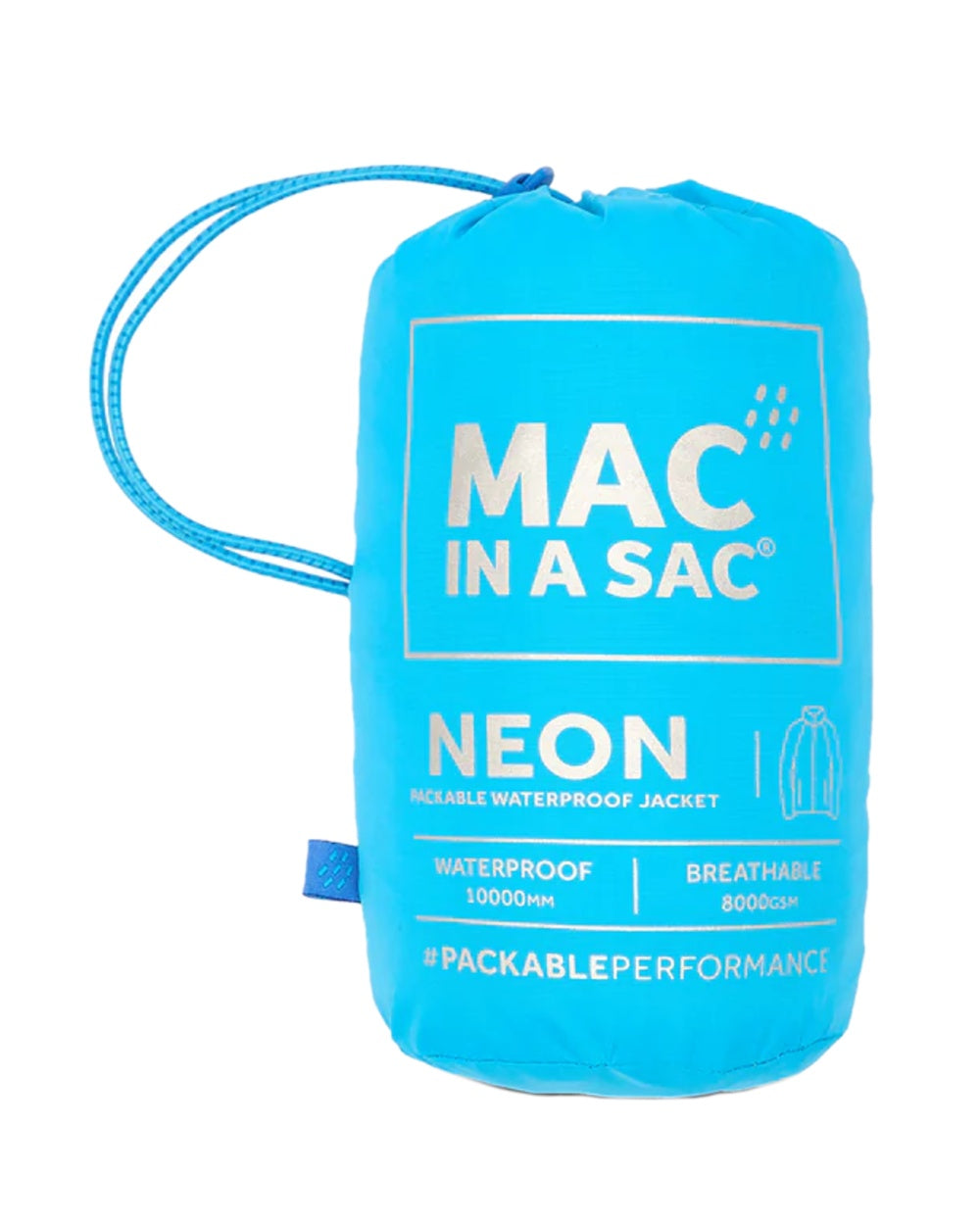 Neon Blue Coloured Mac In A Sac Origin Neon Packable Waterproof Jacket on white background 