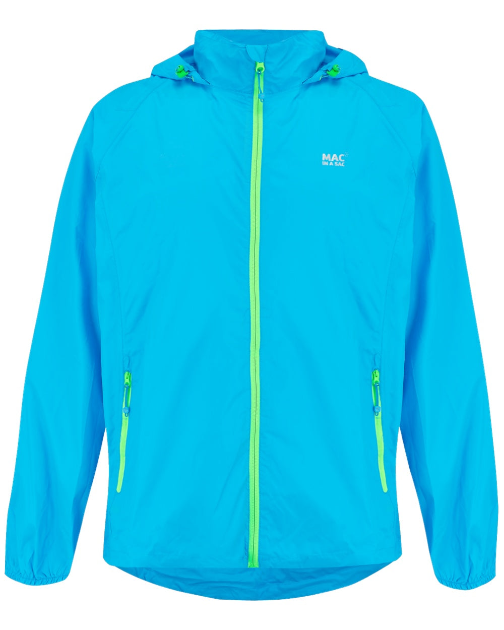 Neon Blue coloured Mac In A Sac Packable Origin Neon Waterproof Jacket on white background 