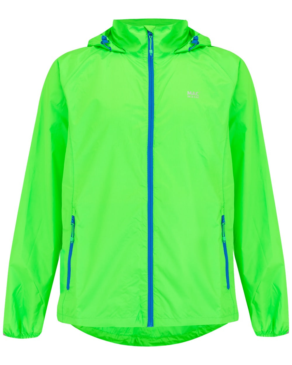 Neon Green coloured Mac In A Sac Packable Origin Neon Waterproof Jacket on white background 