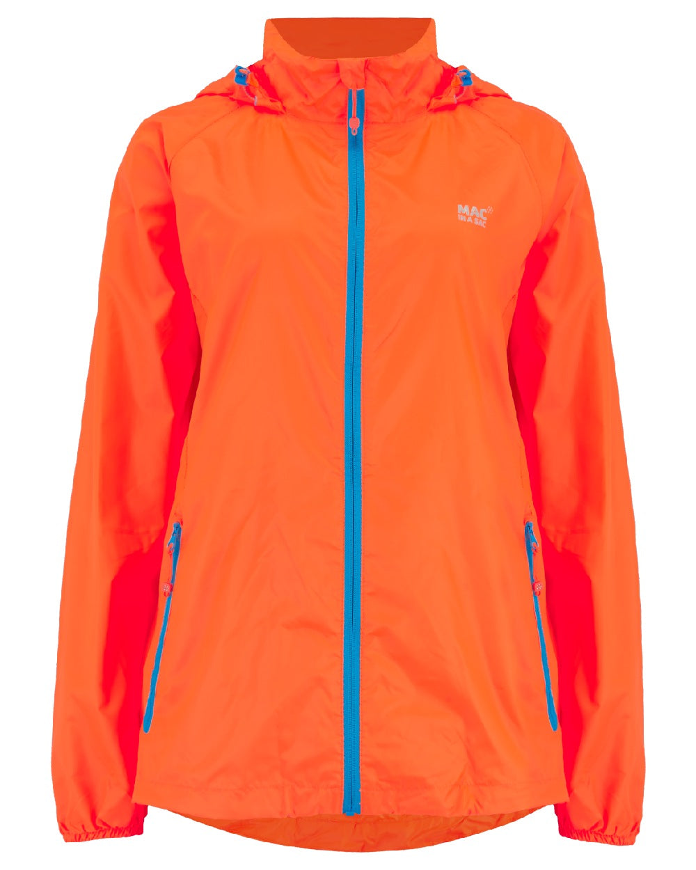 Neon Orange coloured Mac In A Sac Packable Origin Neon Waterproof Jacket on white background 