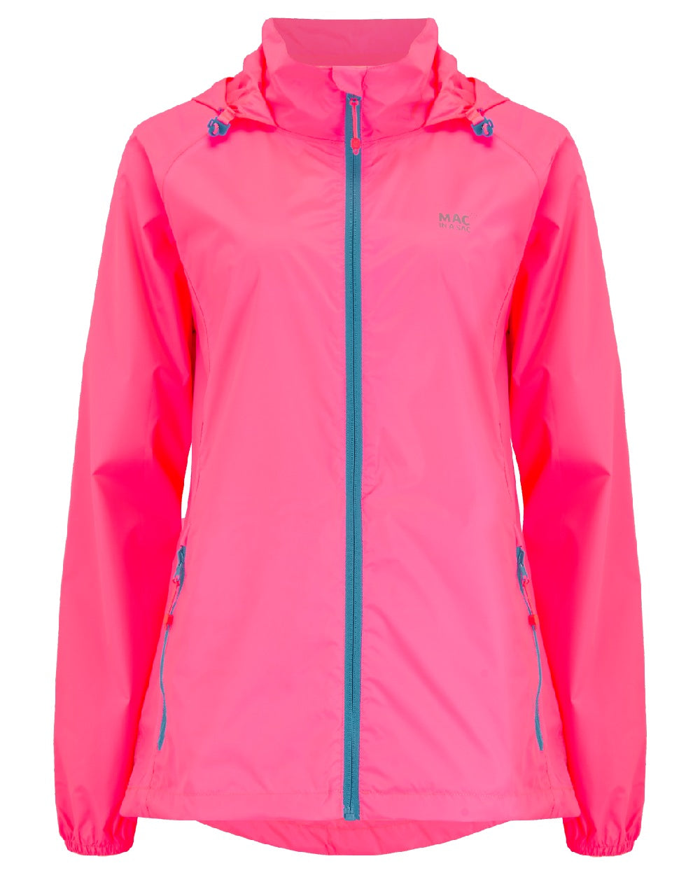 Neon Pink coloured Mac In A Sac Packable Origin Neon Waterproof Jacket on white background 