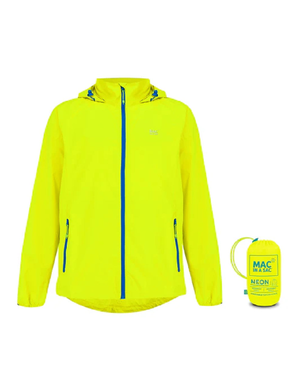 Neon Yellow coloured Mac In A Sac Packable Origin Neon Waterproof Jacket on white background 