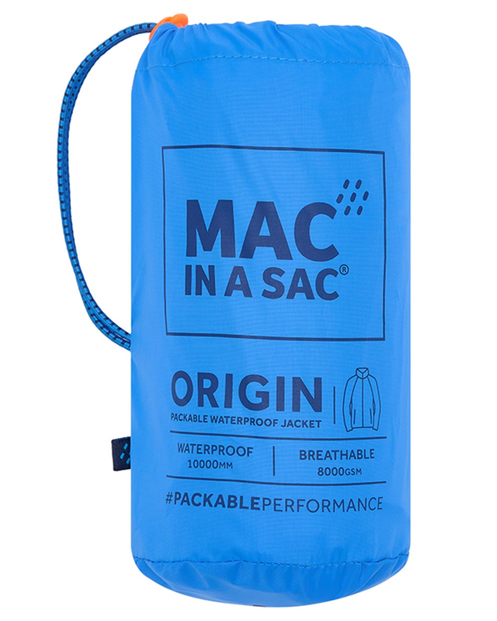 Ocean Blue coloured Mac In A Sac Packable Origin Waterproof Jacket on white background 