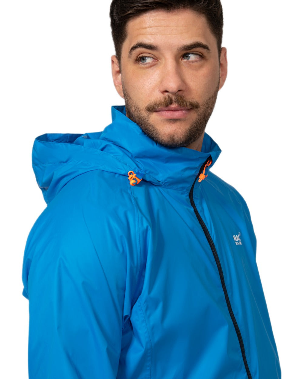 Ocean Blue coloured Mac In A Sac Packable Origin Waterproof Jacket on white background 
