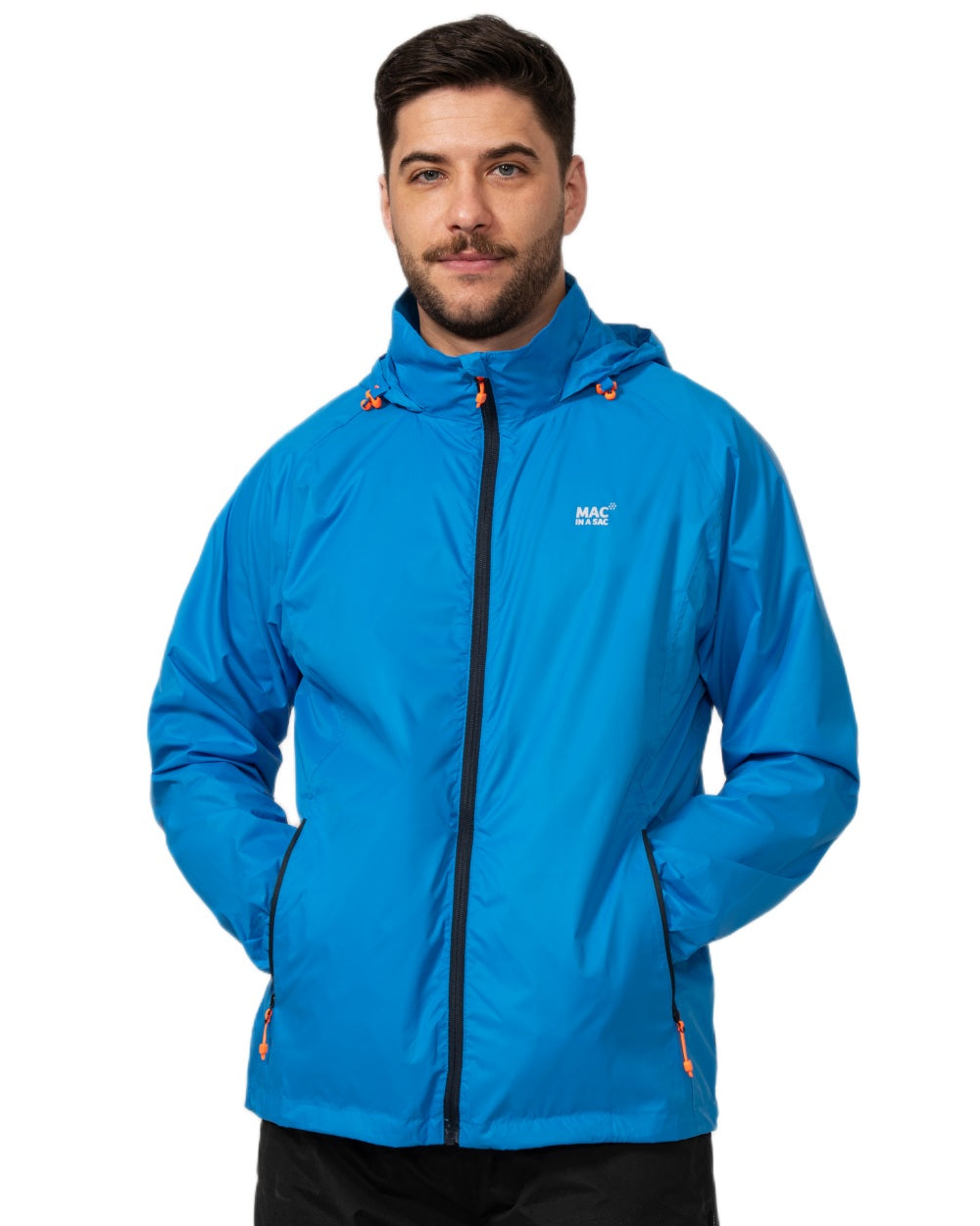 Ocean Blue coloured Mac In A Sac Packable Origin Waterproof Jacket on white background 