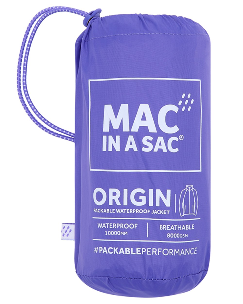 Ultraviolet coloured Mac In A Sac Packable Origin Waterproof Jacket on white background 