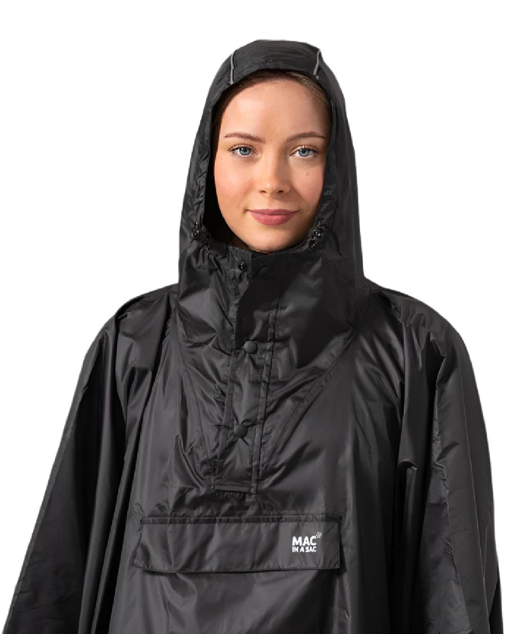 Black Coloured Mac In A Sac Origin Waterproof Poncho on white background 