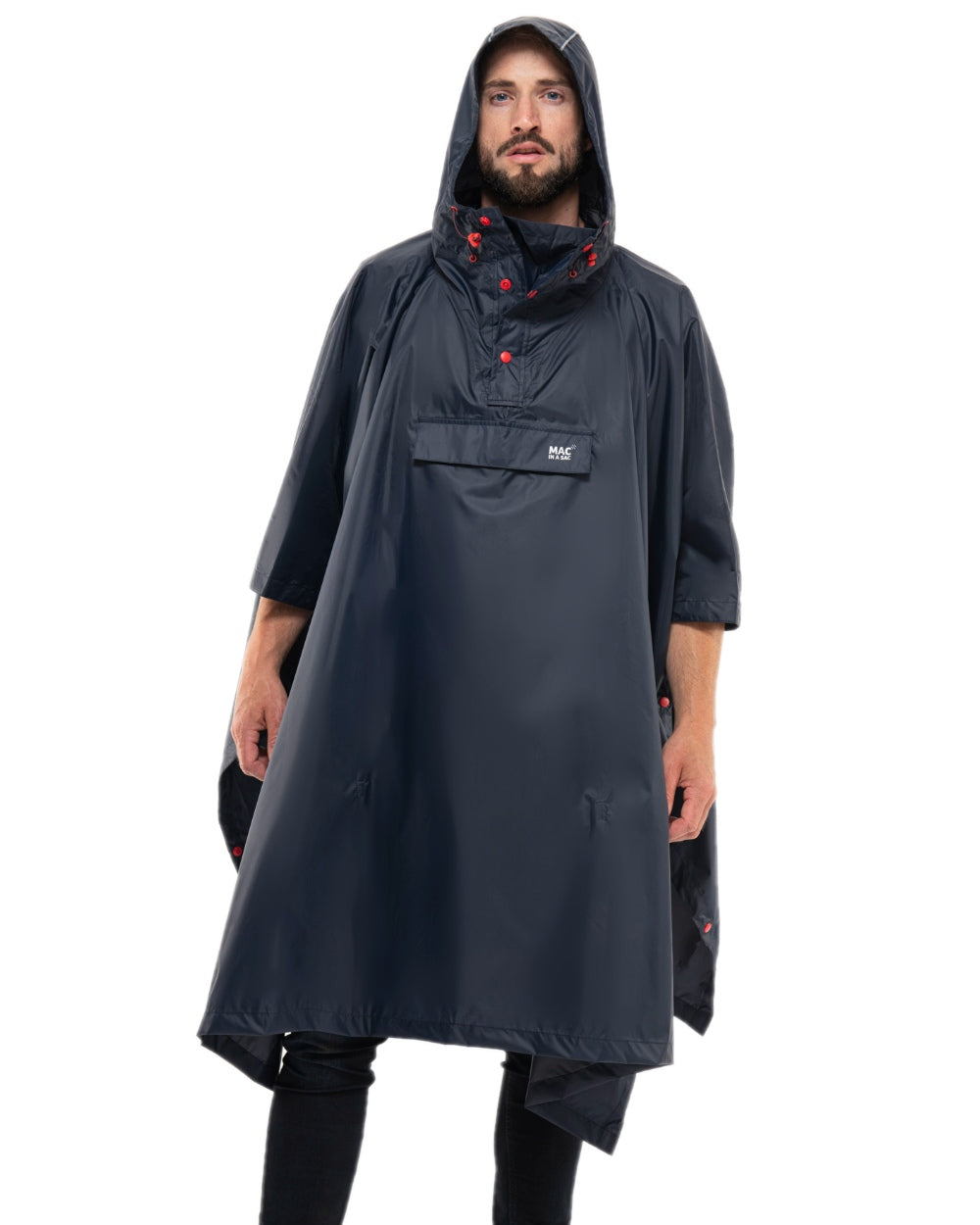 Navy Coloured Mac In A Sac Origin Waterproof Poncho on white background 