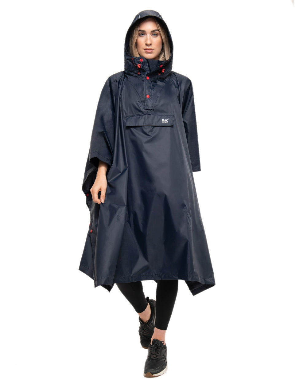 Navy Coloured Mac In A Sac Origin Waterproof Poncho on white background 