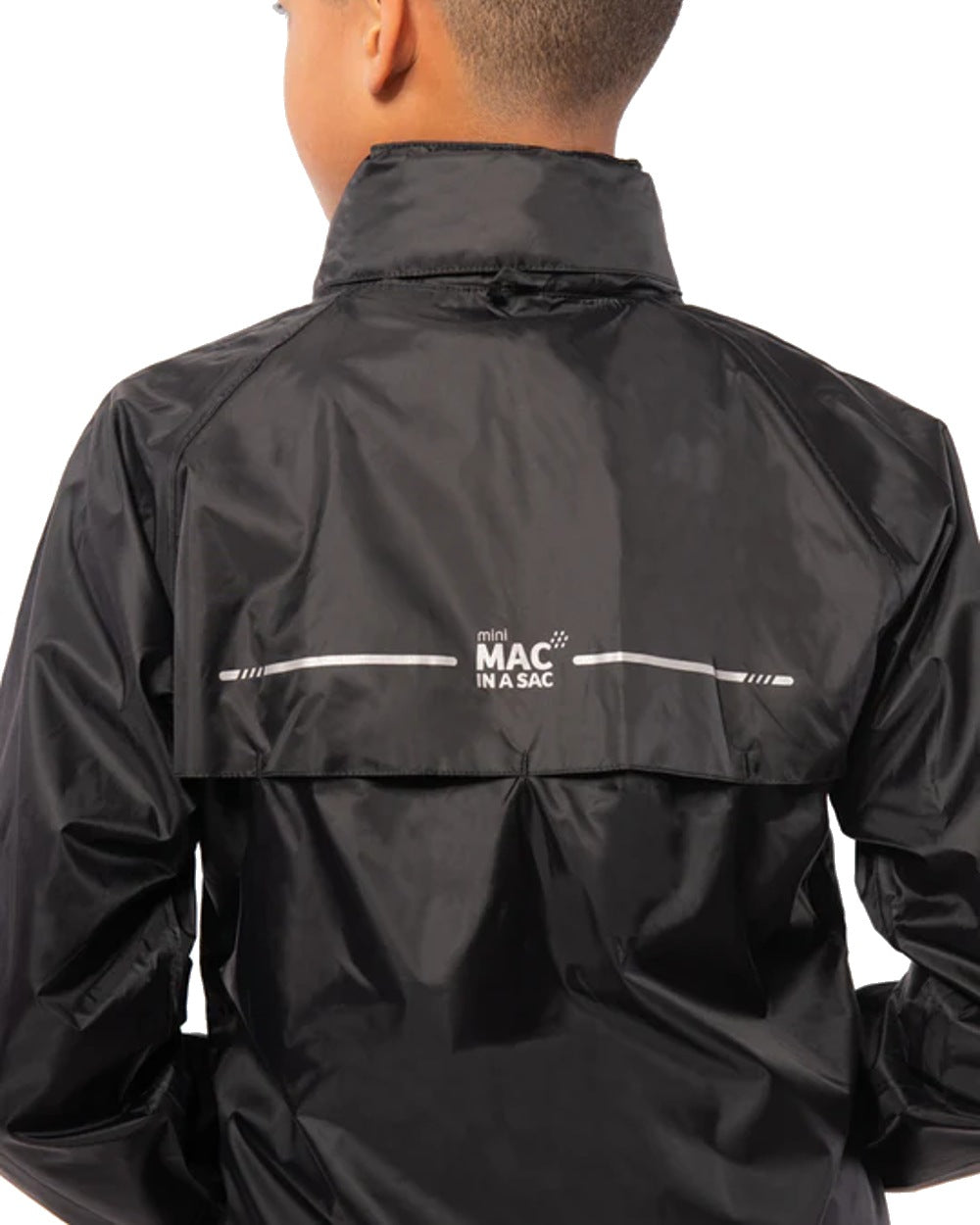 Black coloured Mac In A Sac Origin Childrens Mini Packable Waterproof Jacket on white background 