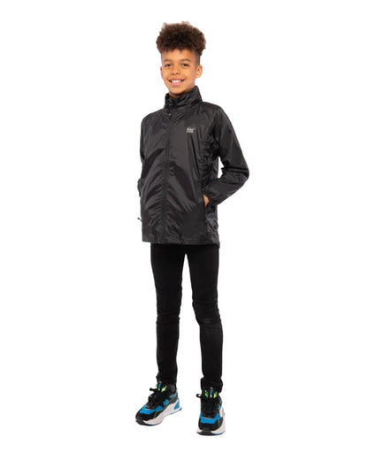Black coloured Mac In A Sac Origin Childrens Mini Packable Waterproof Jacket on white background 