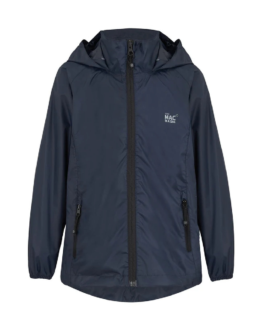Navy coloured Mac In A Sac Origin Childrens Mini Packable Waterproof Jacket on white background 