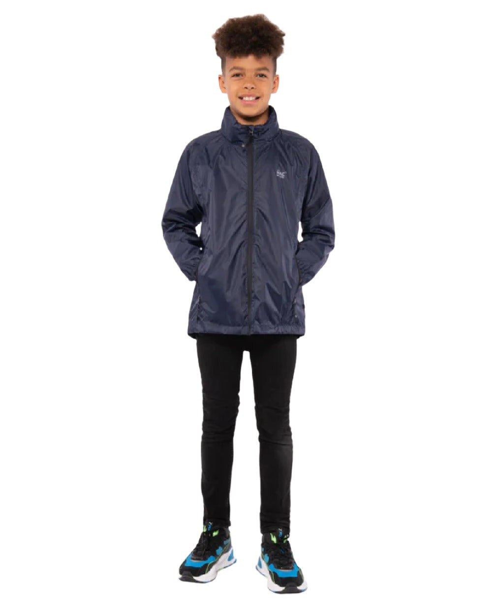 Navy coloured Mac In A Sac Origin Childrens Mini Packable Waterproof Jacket on white background 