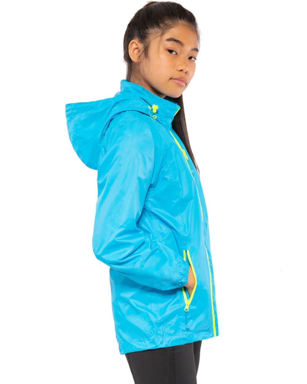 Neon Blue coloured Mac In A Sac Origin Childrens Mini Packable Waterproof Jacket on white background 