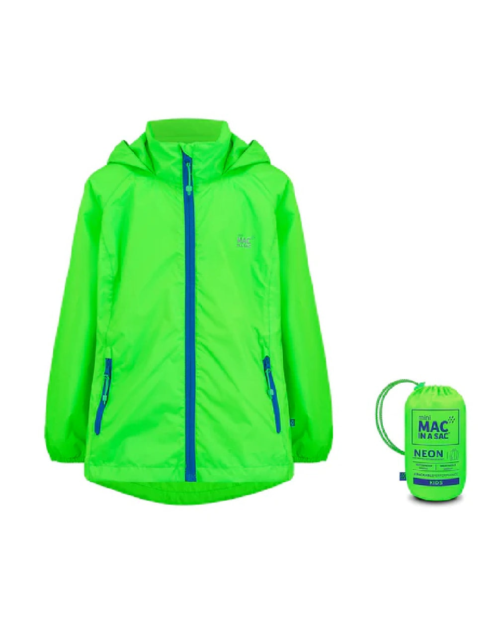 Neon Green coloured Mac In A Sac Origin Childrens Mini Packable Waterproof Jacket on white background 