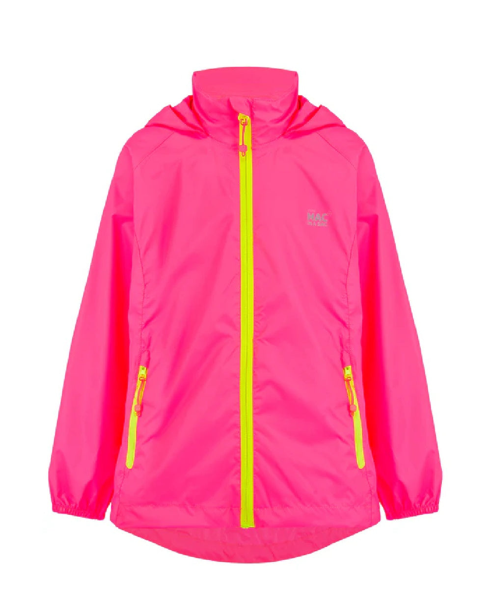 Neon Pink coloured Mac In A Sac Origin Childrens Mini Packable Waterproof Jacket on white background 