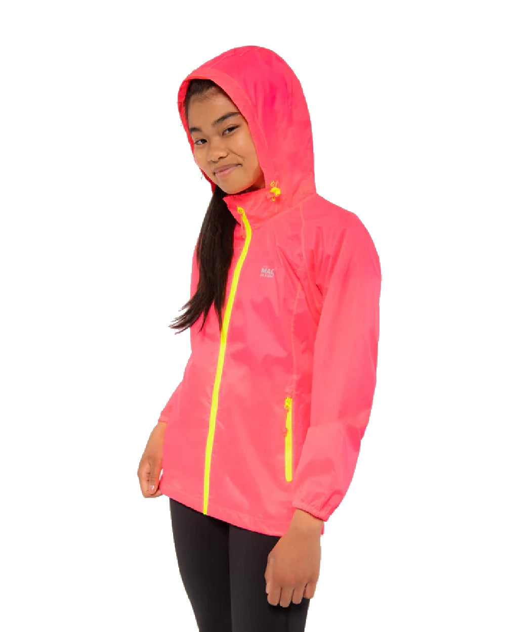 Neon Pink coloured Mac In A Sac Origin Childrens Mini Packable Waterproof Jacket on white background 