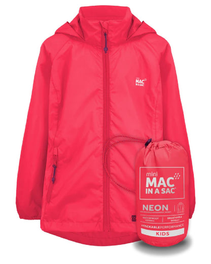Neon Watermelon coloured Mac In A Sac Origin Childrens Mini Packable Waterproof Jacket on white background 