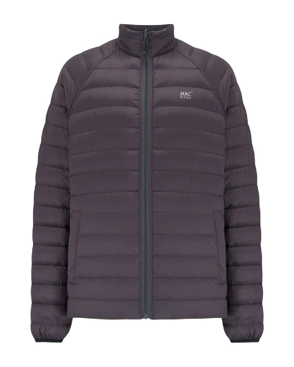 Jet Black Charcoal coloured Mac In A Sac Packable Mens Polar Down Jacket on white background 