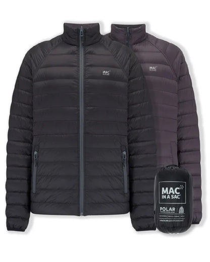 Jet Black Charcoal coloured Mac In A Sac Packable Mens Polar Down Jacket on white background 