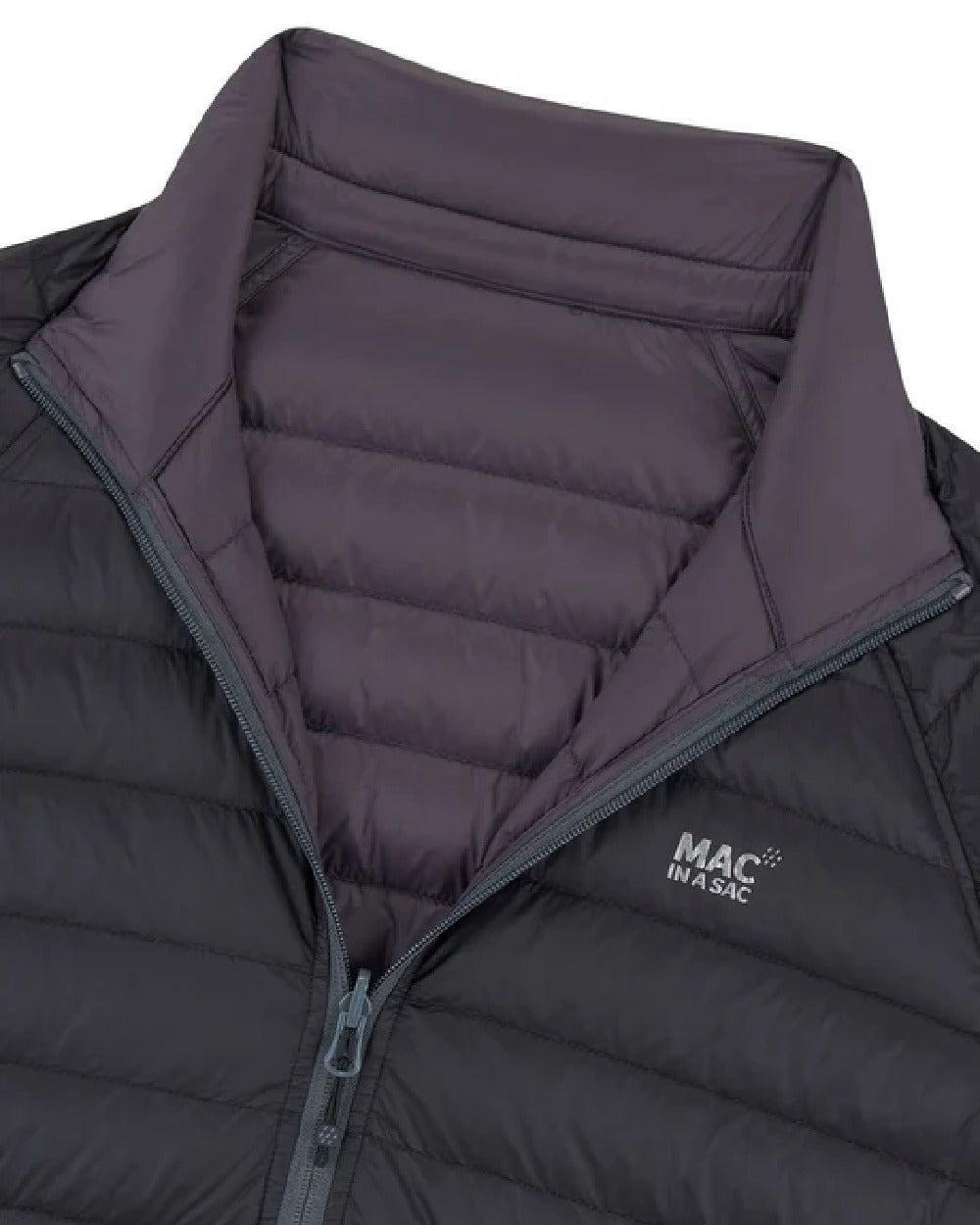Jet Black Charcoal coloured Mac In A Sac Packable Mens Polar Down Jacket on white background 
