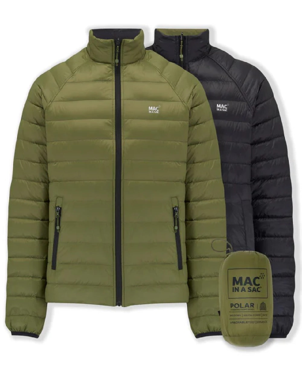 Khaki Black coloured Mac In A Sac Packable Mens Polar Down Jacket on white background 