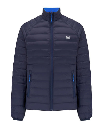 Navy Saxe Blue coloured Mac In A Sac Packable Mens Polar Down Jacket on white background 