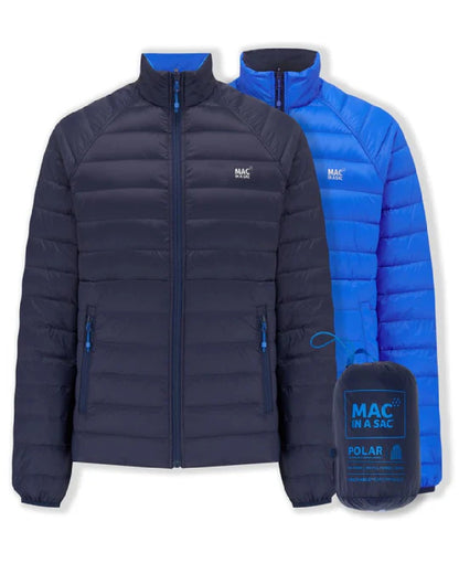 Navy Saxe Blue coloured Mac In A Sac Packable Mens Polar Down Jacket on white background 