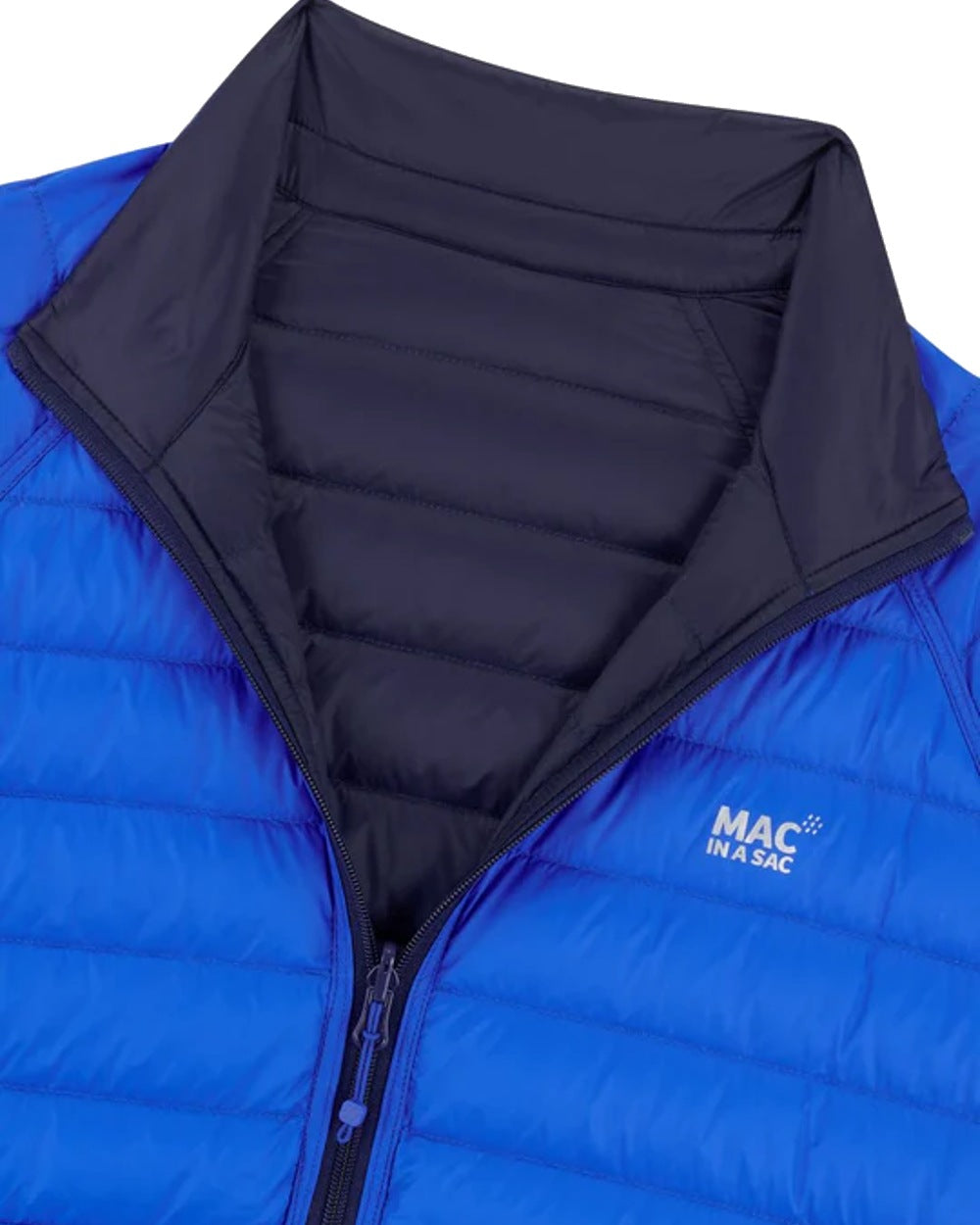 Navy Saxe Blue coloured Mac In A Sac Packable Mens Polar Down Jacket on white background 