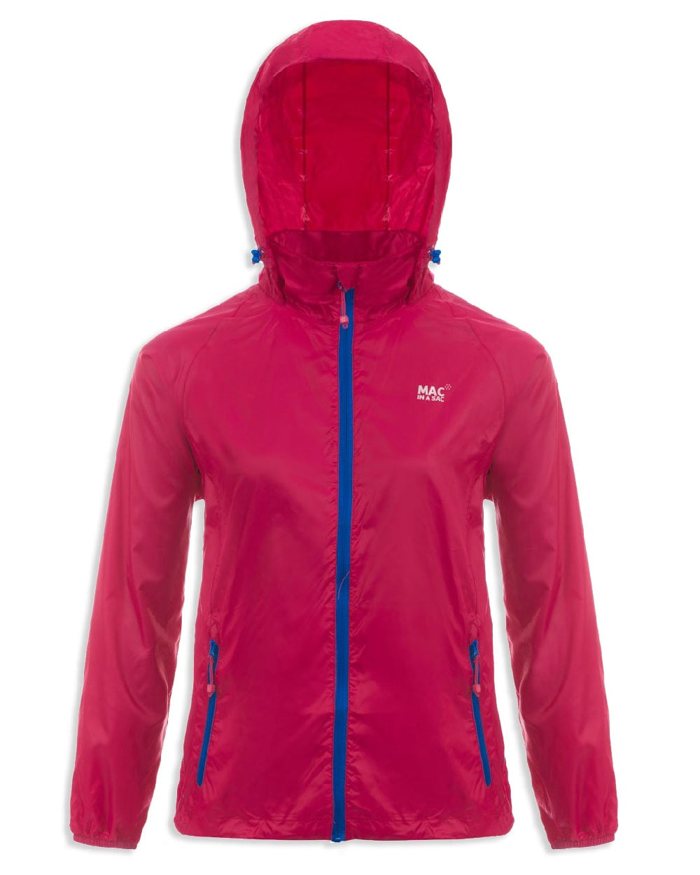 Magenta coloured Mac In A Sac Packable Origin Waterproof Jacket on white background 