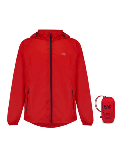 Red coloured Mac In A Sac Packable Origin Waterproof Jacket on white background 