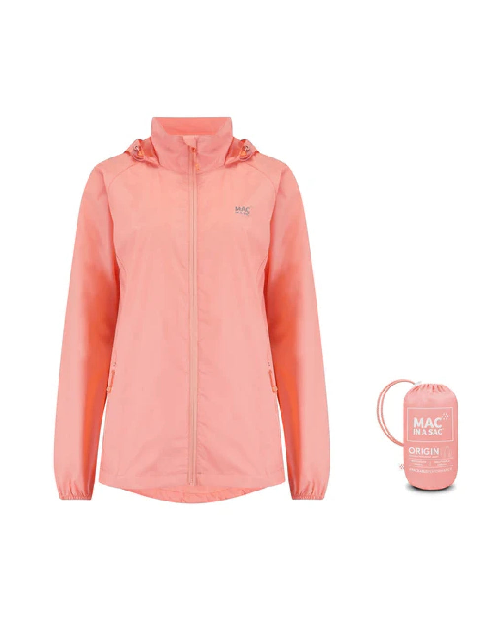 Soft Coral coloured Mac In A Sac Packable Origin Waterproof Jacket on white background 