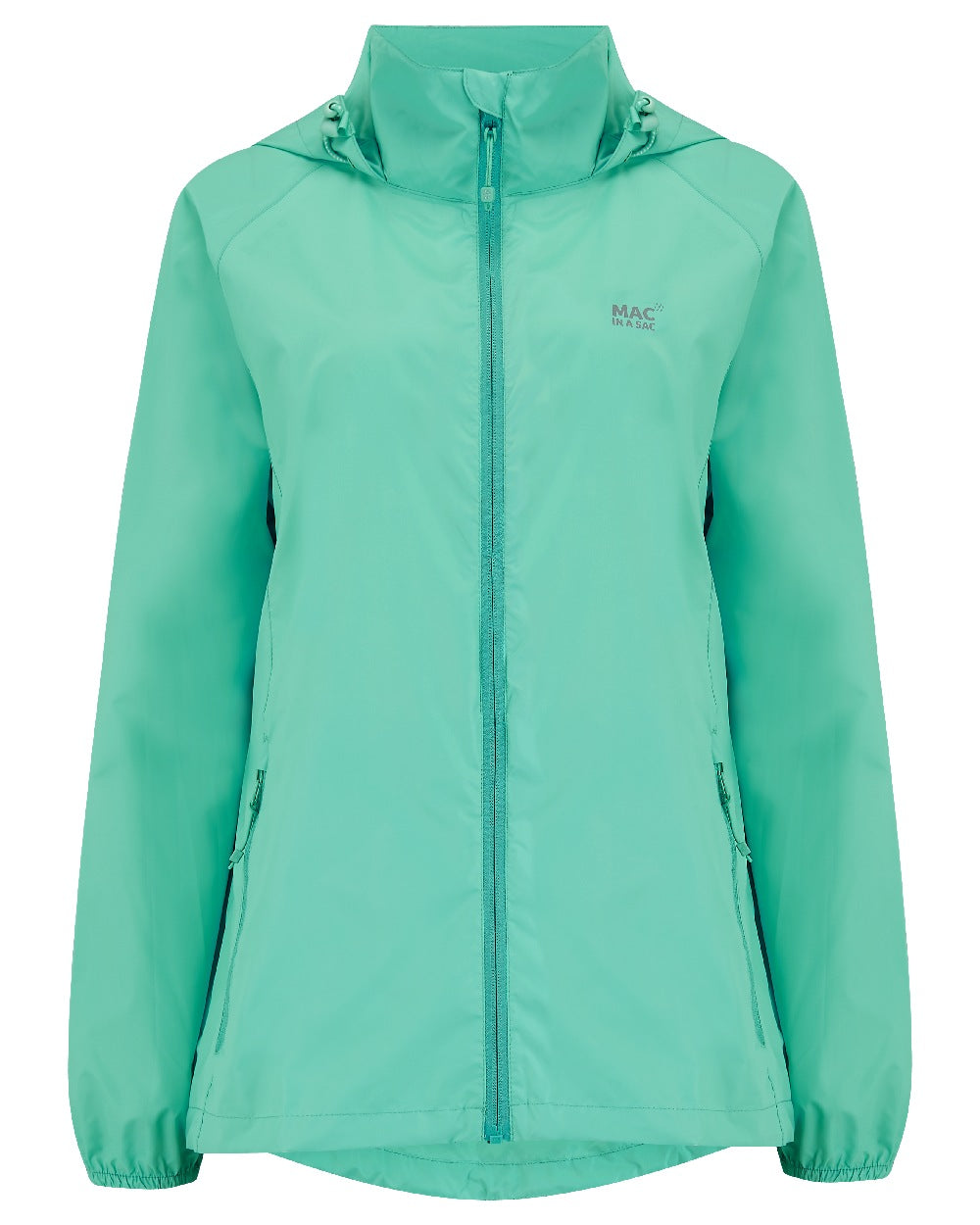 Tiffany Green coloured Mac In A Sac Packable Origin Waterproof Jacket on white background 