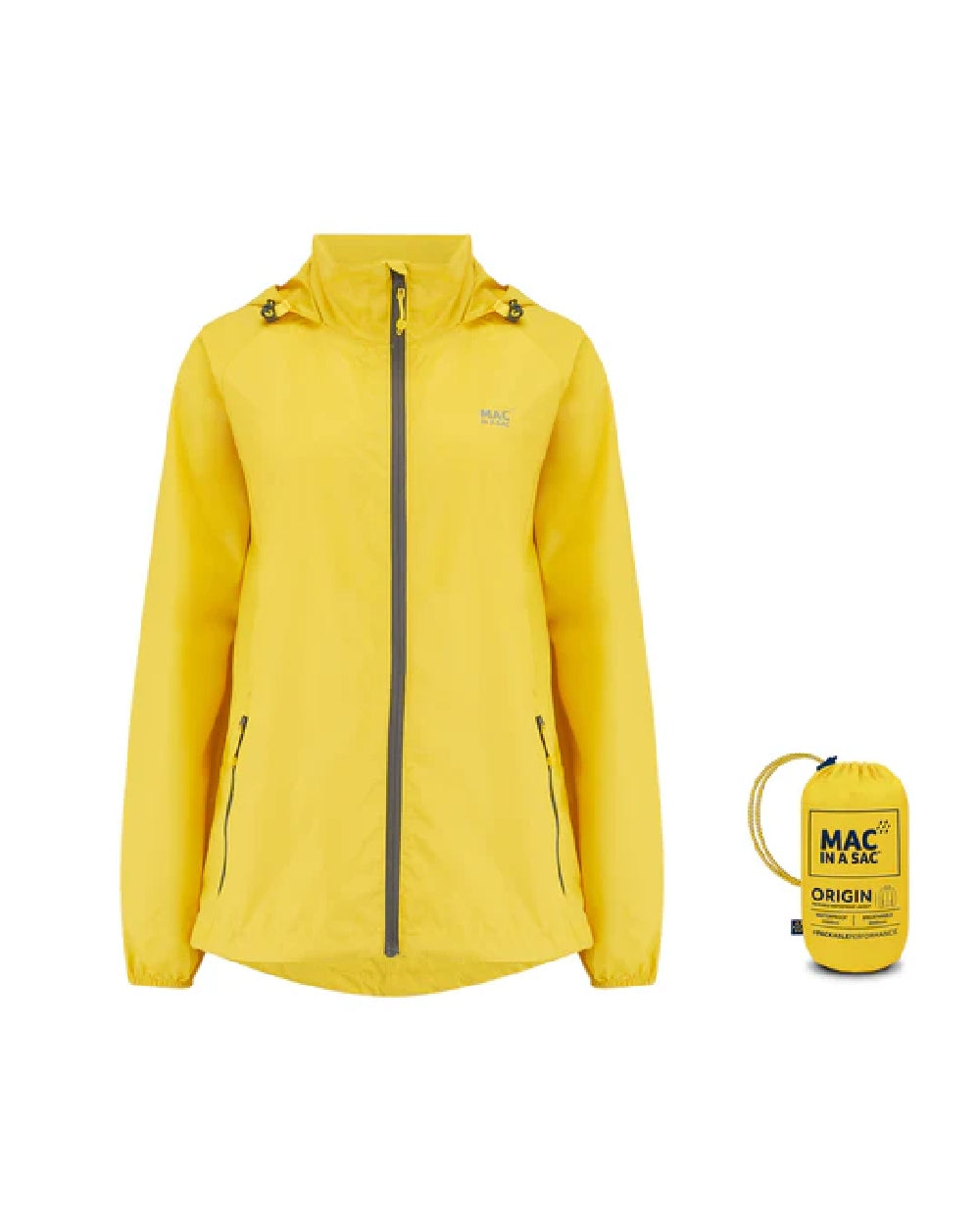 Yellow coloured Mac In A Sac Packable Origin Waterproof Jacket on white background 