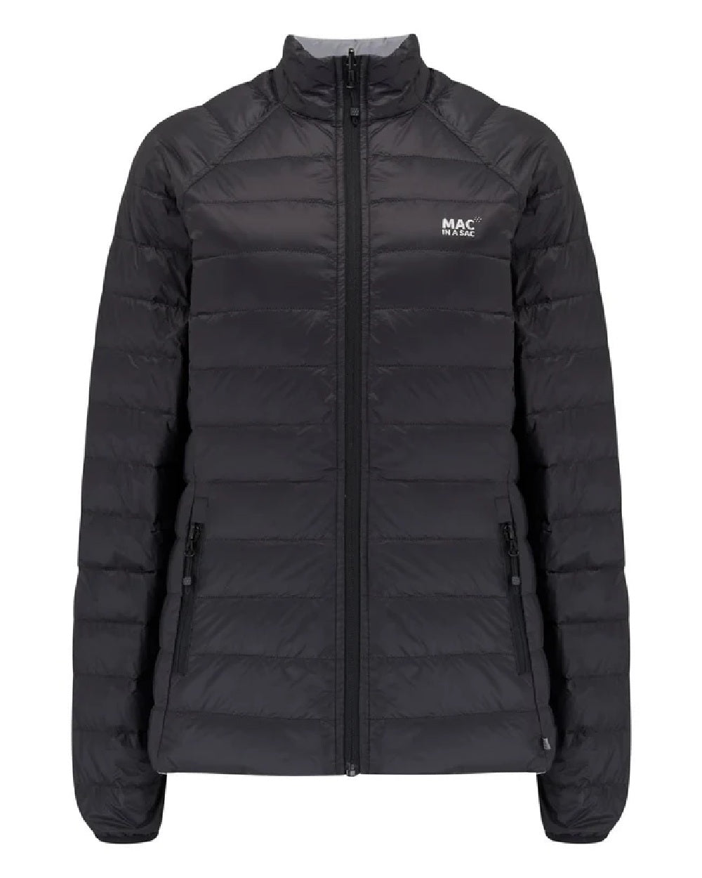 Black Grey coloured Mac In A Sac Packable Womens Down Jacket on white background 