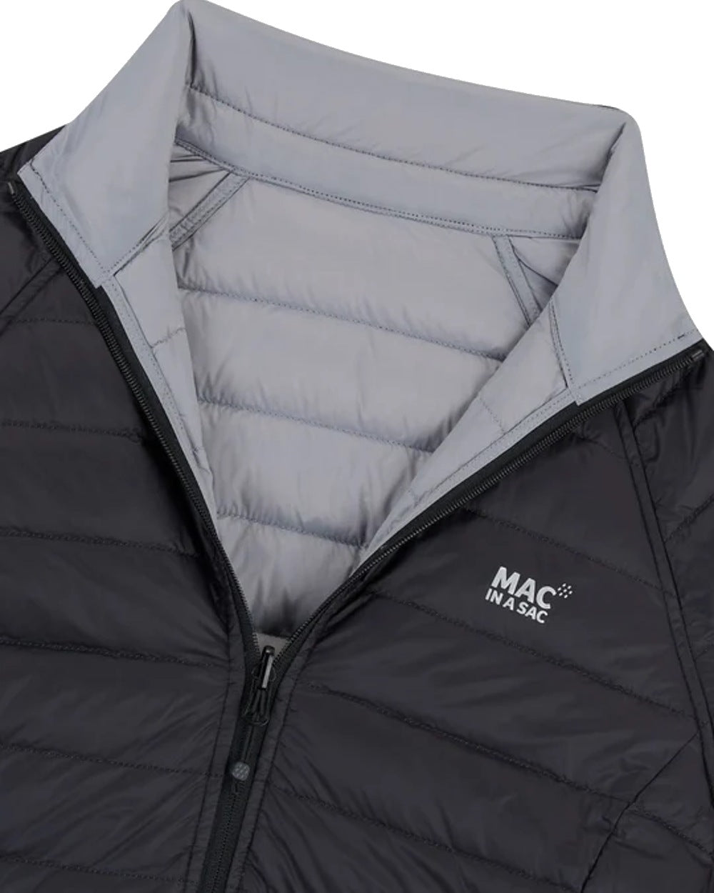 Black Grey coloured Mac In A Sac Packable Womens Down Jacket on white background 