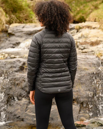 Black Grey coloured Mac In A Sac Packable Womens Down Jacket on blurry background 